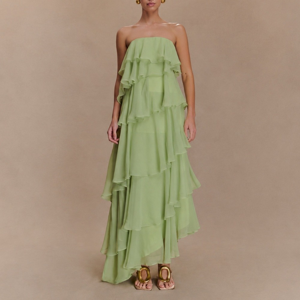Meshki | NWT Alexa Ruffle Chiffon Strapless Maxi Dress in Pastel Lime | XS